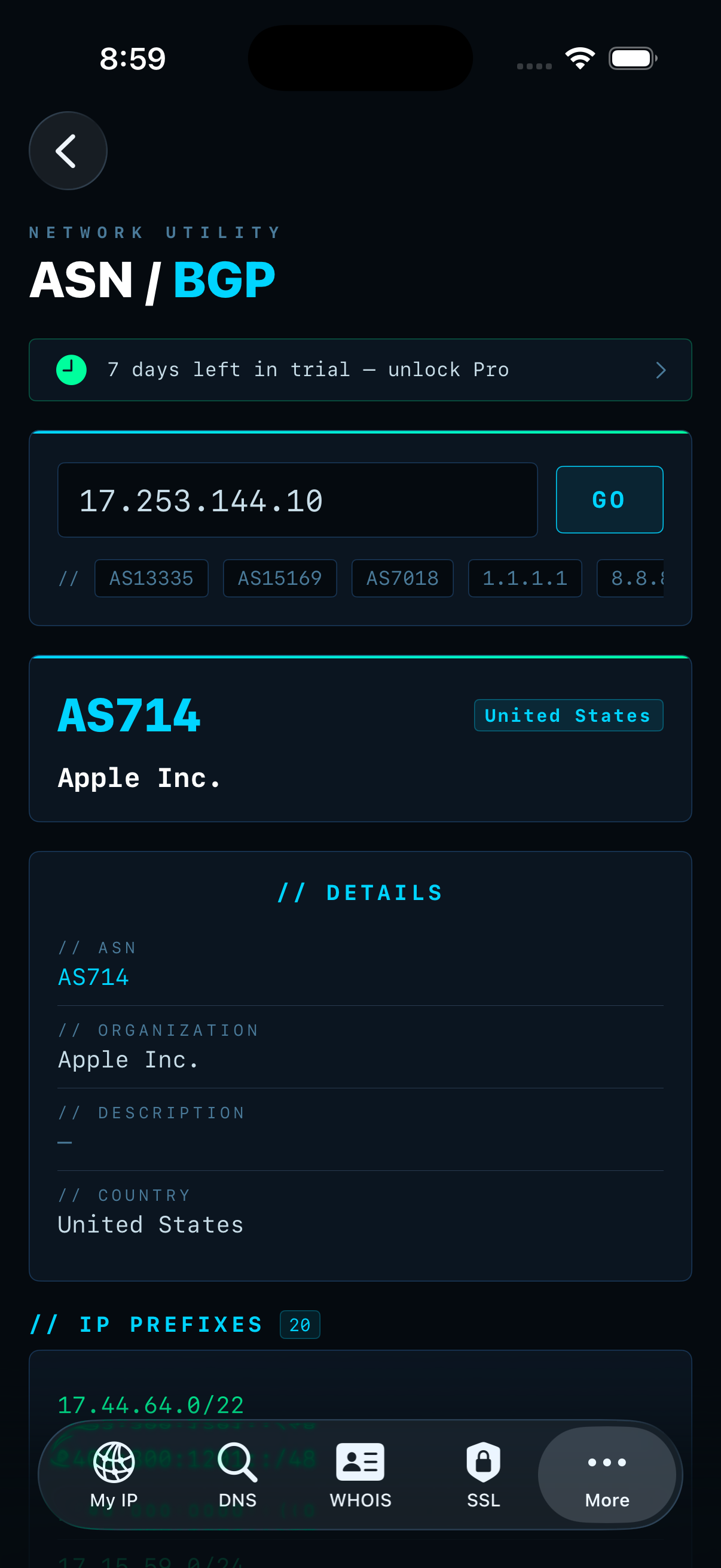 IPSuite ASN BGP Lookup — Apple Inc. AS714