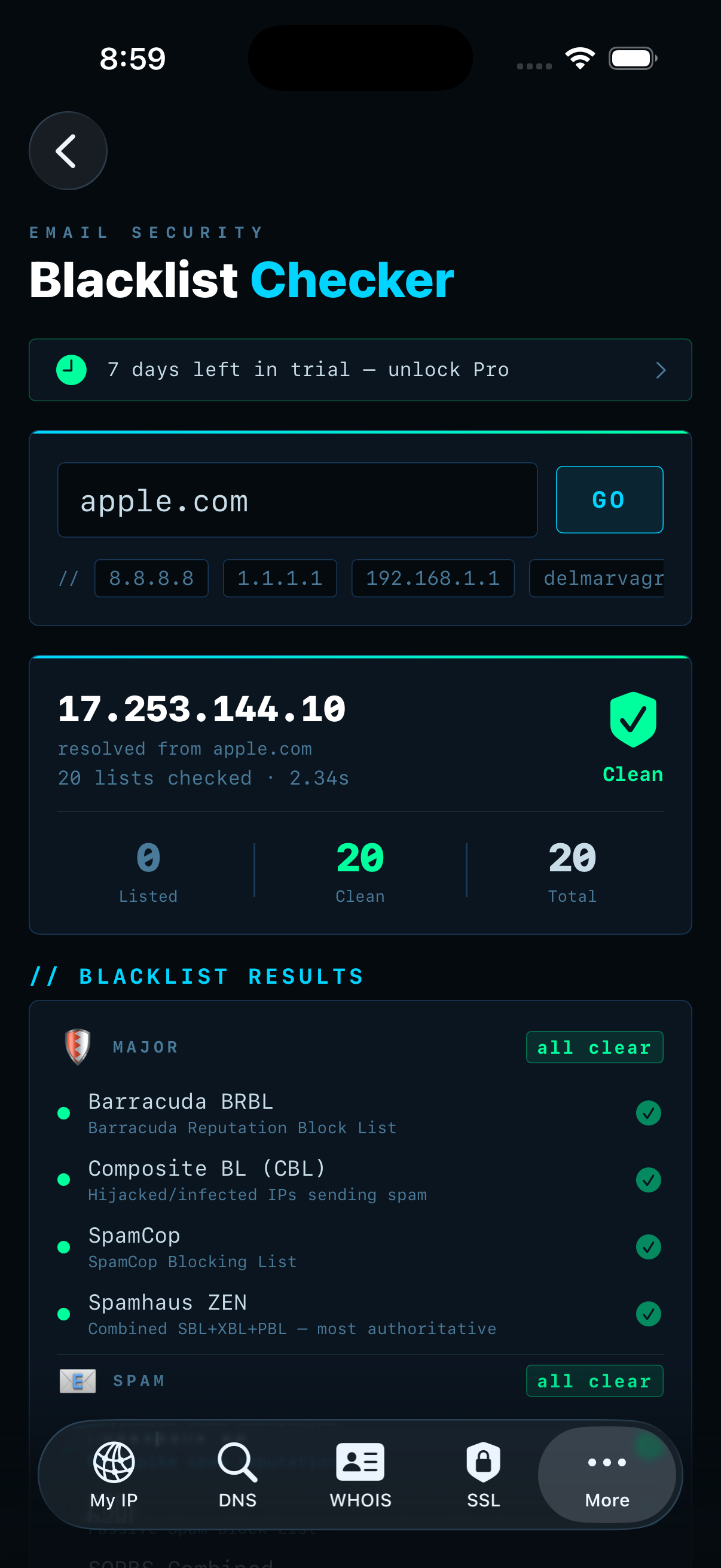 IPSuite Blacklist RBL Checker — apple.com clean, 20 lists