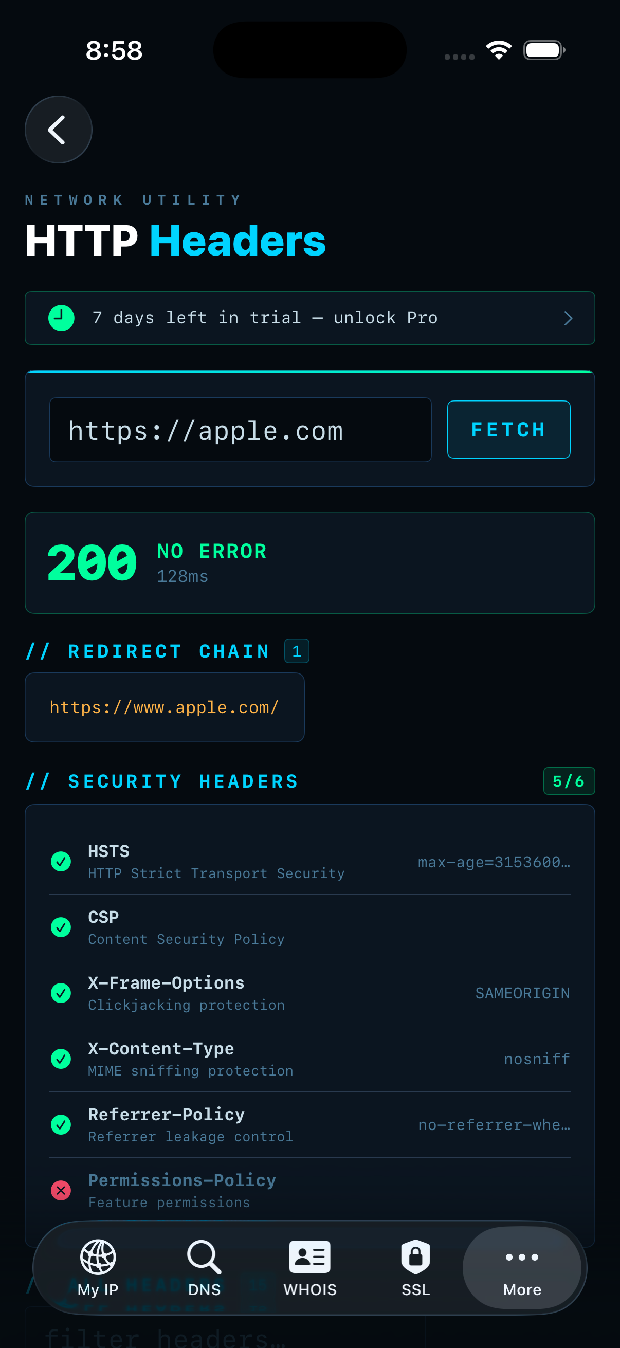 IPSuite HTTP Headers — apple.com 200 OK, security headers