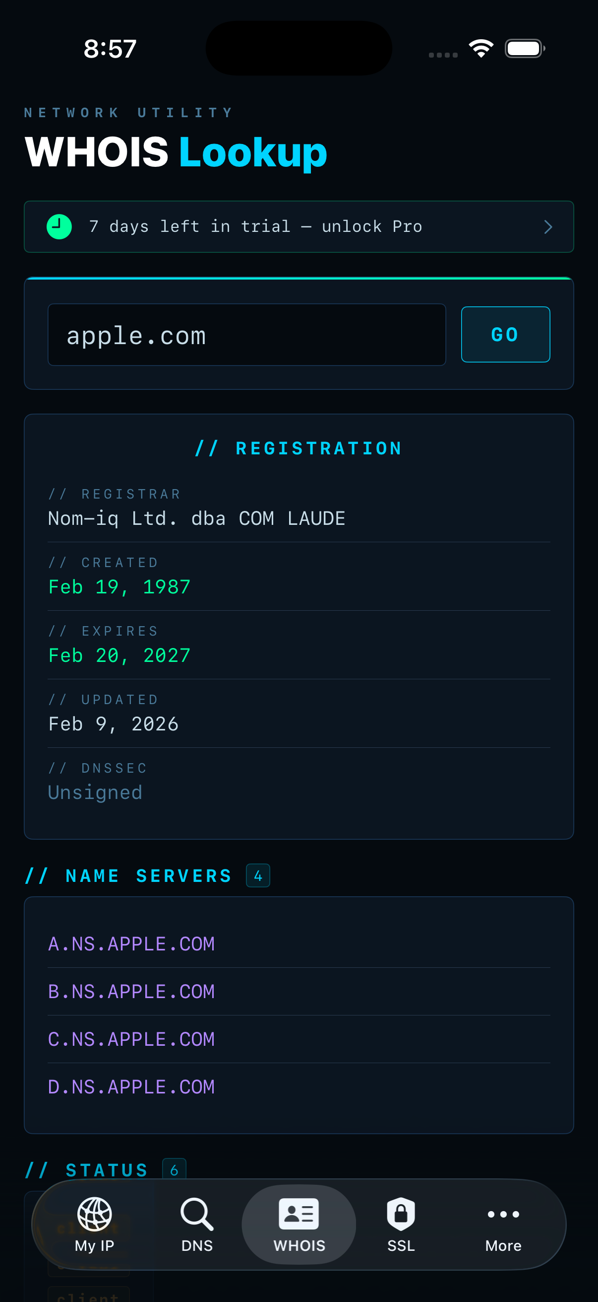 IPSuite WHOIS Lookup — apple.com registration, expiry and name servers
